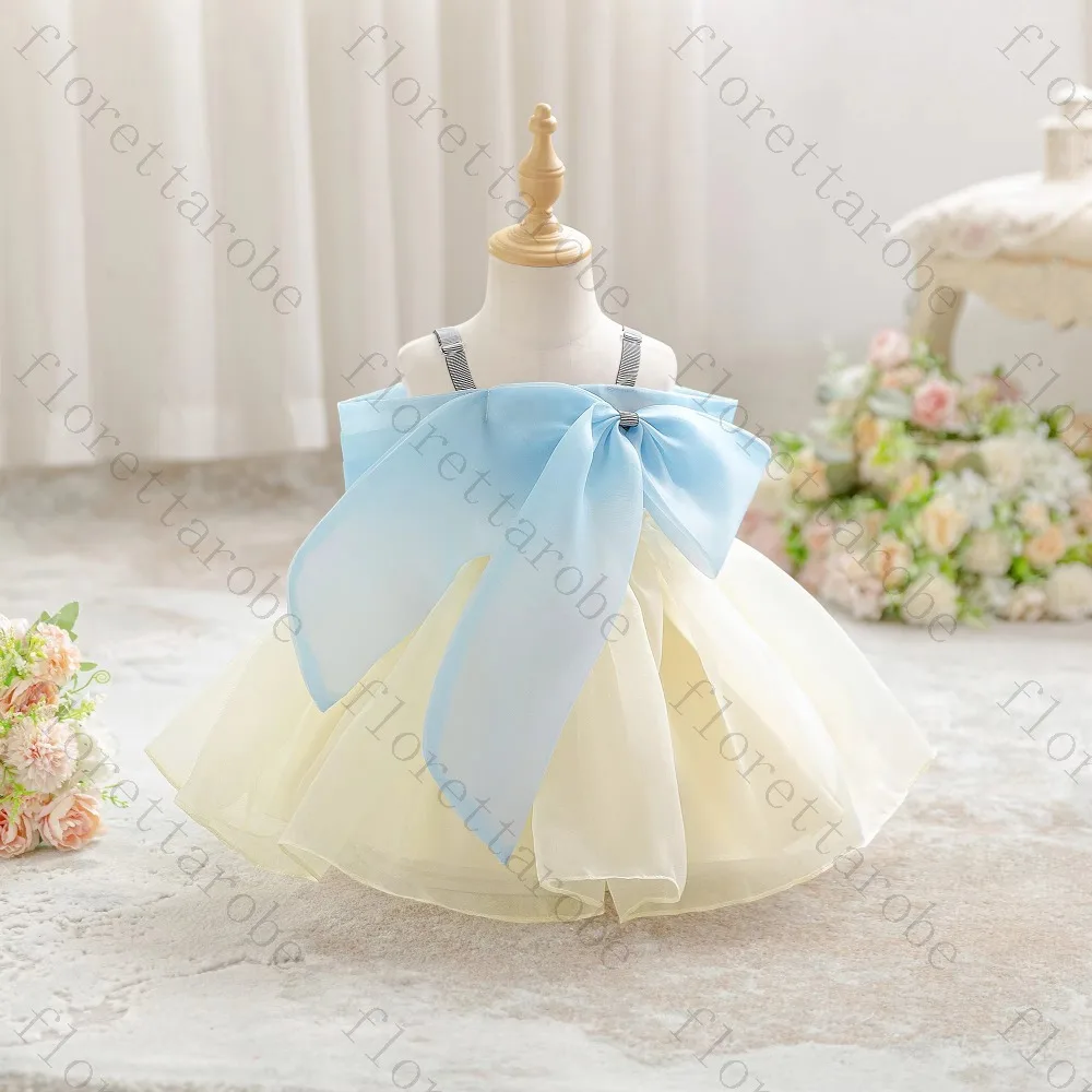 Customized Blue Yellow Flower Girl Dress A Line Short Strapless Sleeveless Tulle Bow Kids Party Princess Gown Elegant Wedding
