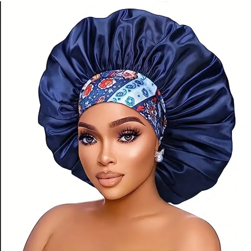 Extra Large Silky Satin Hair Bonnet For Women Thick Hair Sleep Cap Elastic Band Beanie African Headwrap Flower Turban Chemo Caps