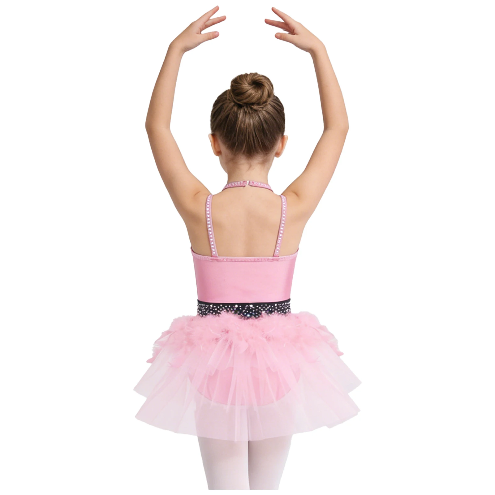 Girls Jazz Latin Dance Bodysuit Halter Sparkly Rhinestone Feather Tulle Dress Ballet Skating Gymnastics Leotard Modern Dancewear