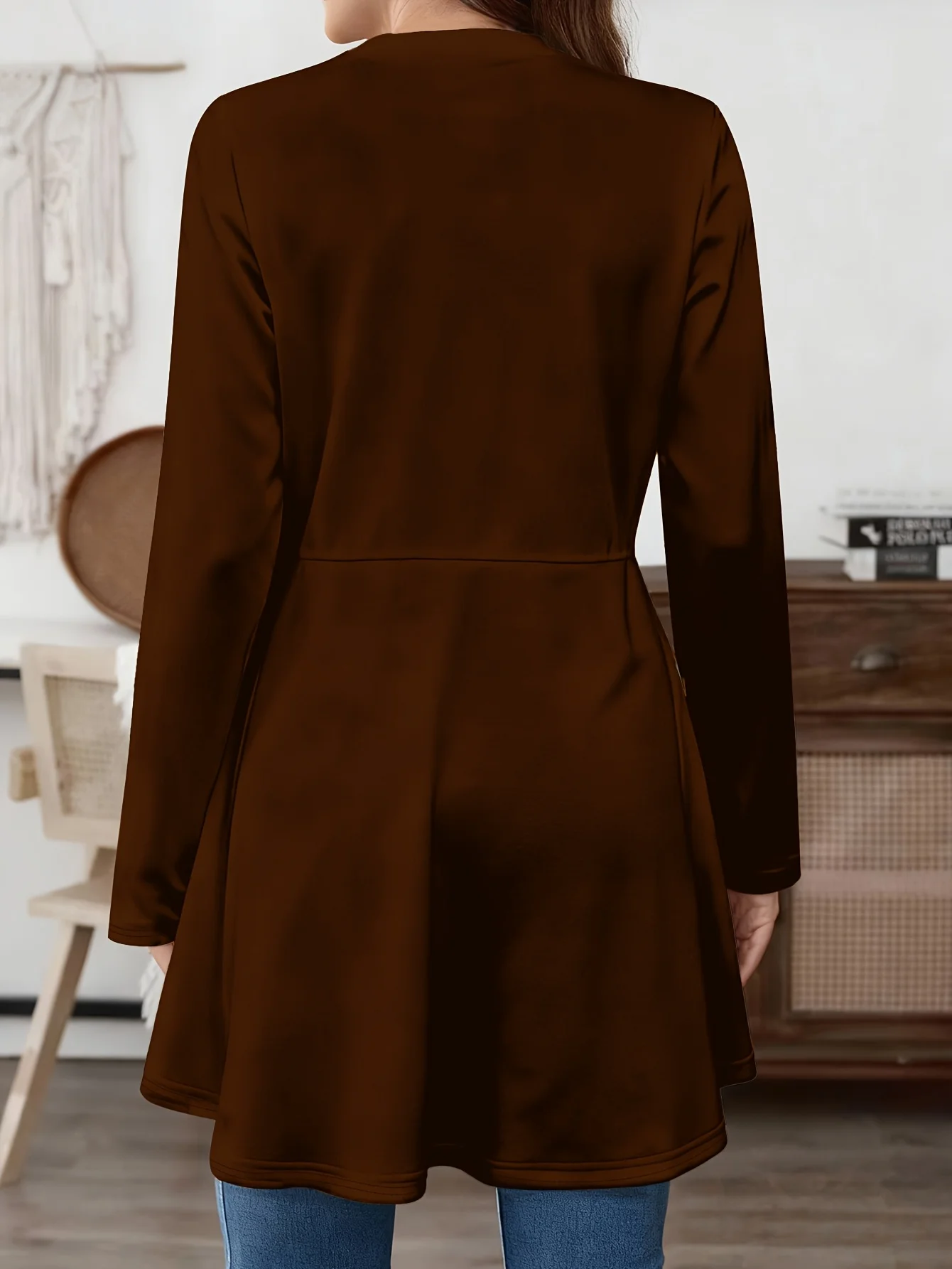 Plus Size Women Open Front Cardigan, Long Sleeve Solid Color Mid-Length Coat, Loose Casual Fall Winter Outerwear Tops view 6