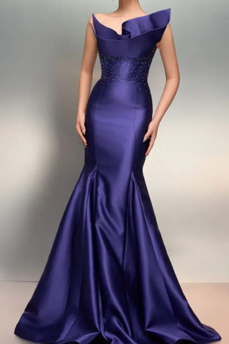 

Elegant Beads Luxury Mermaid Strapless Women Evening Special Occasion Dresses Satin Floor Length Prom Party Dress Customized