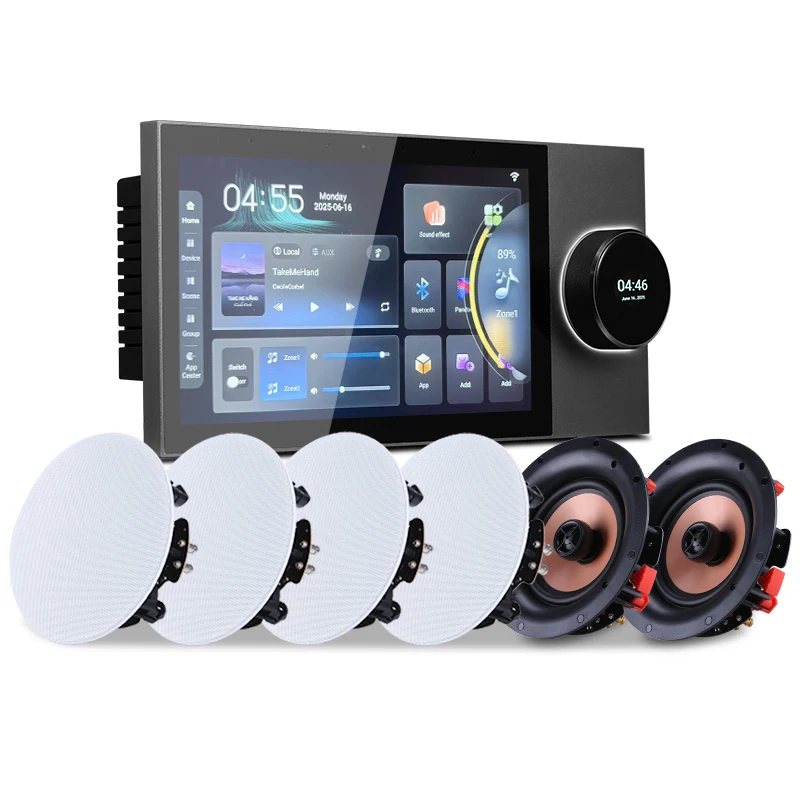 Smart Home Background Music System 7-Inch Tuya Touch Screen Control Panel 8 Channel Wall Amplifier With Ceiling Speaker
