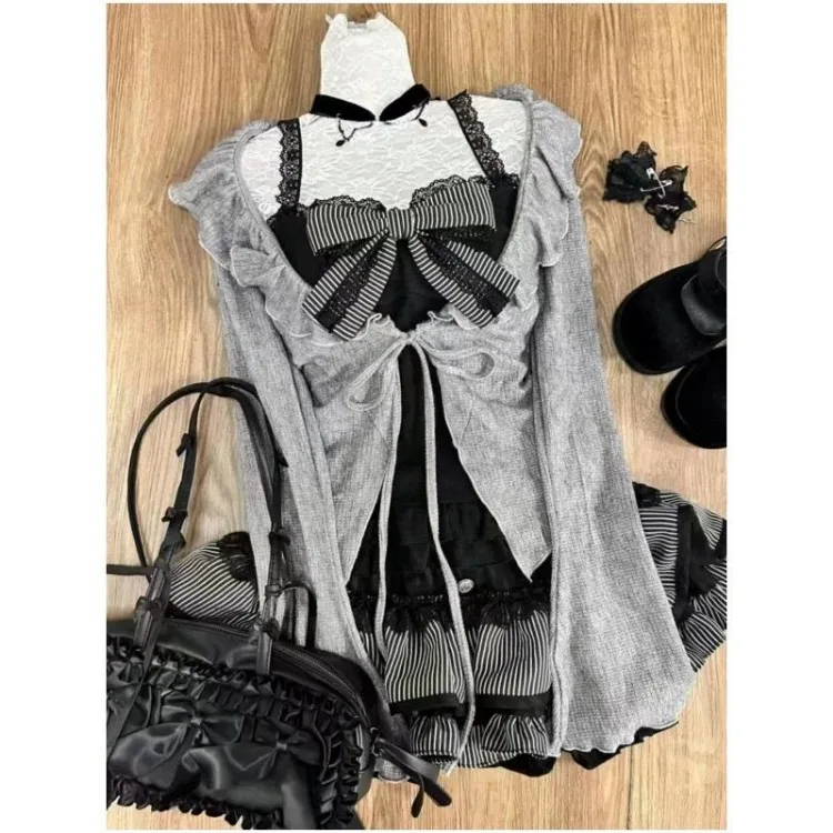 Kawaii 3 Pieces Set Women Korean Suit Y2k Aesthetic Bandage Cardigan+Lace Ruffle Bow Vest +Stripe Mini Cake Skirts Lolita Outfit