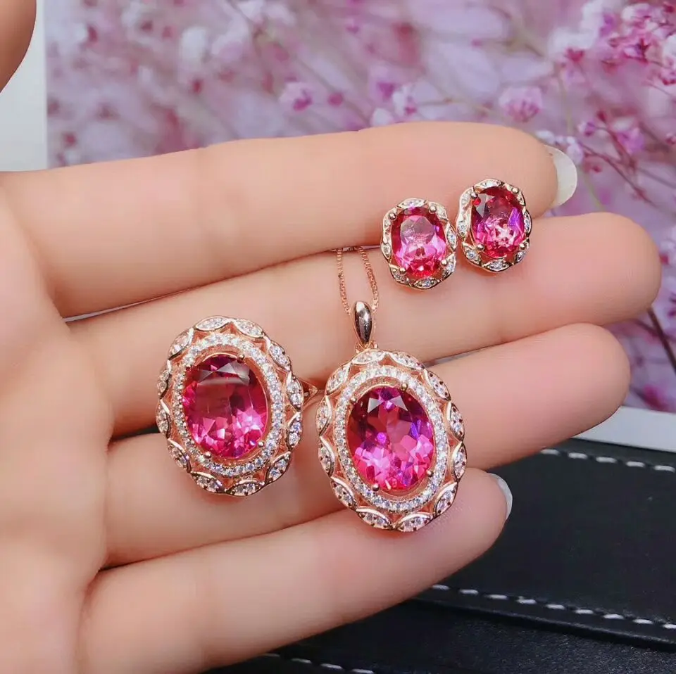 

Natural Pink Topaz Gemstone Jewelry Set 925 Pure Silver Ring Earrings Pendant NecklaceFine Wedding Jewelry for Women