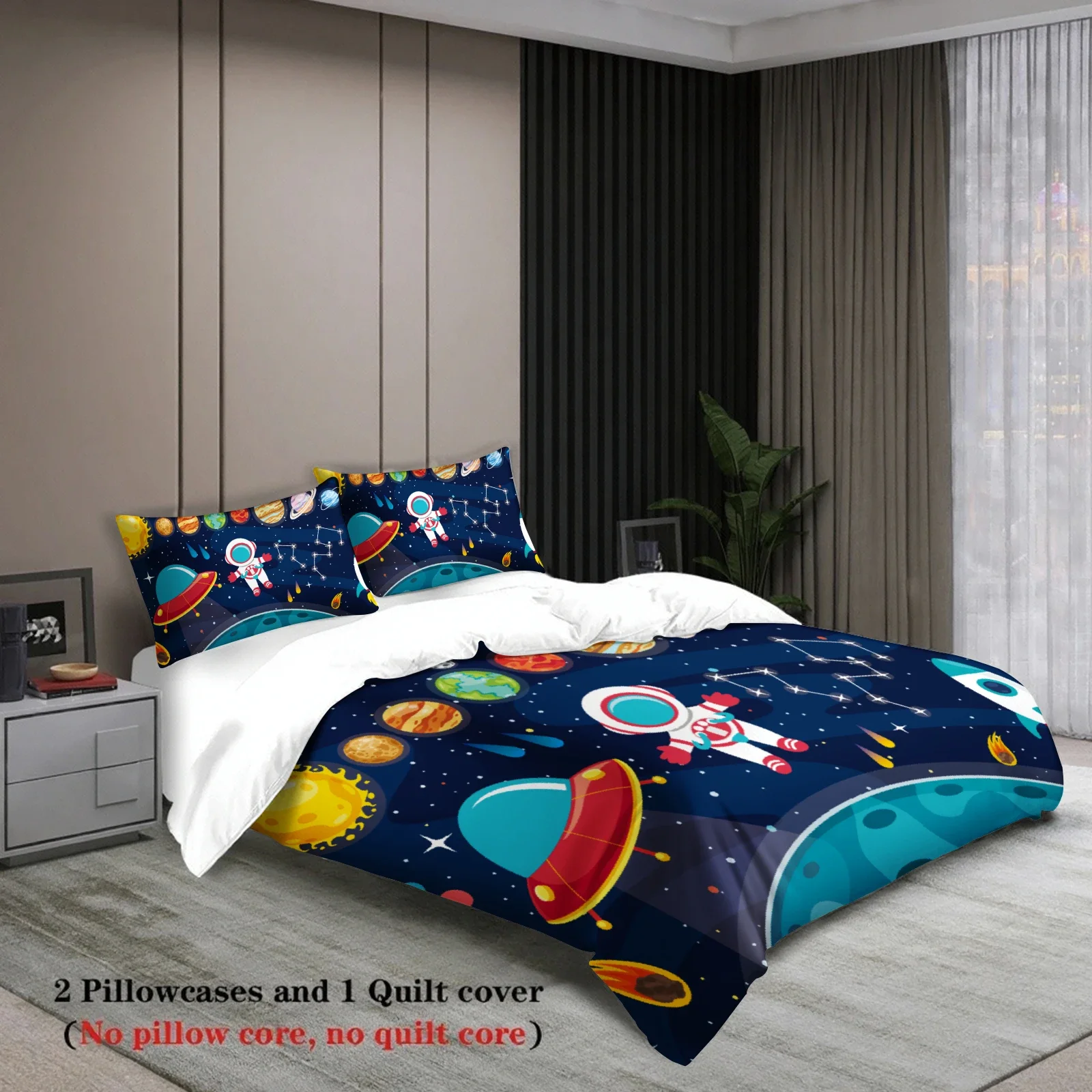 Space Astronaut Bedding Set for Kids, 3D Planets Rocket Duvet Cover with Pillowcases, Soft Microfiber Children's Bedroom Decor