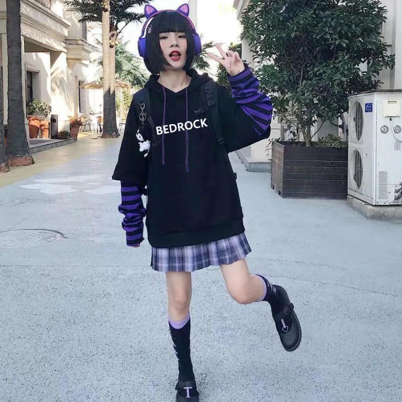 Streetwear Gothic Casual Creatief Patroon Gedrukt Vrouwen Mode Kleding Losse Zoete Cool Y2K Harajuku Retro Fake Twee Hoodie Top