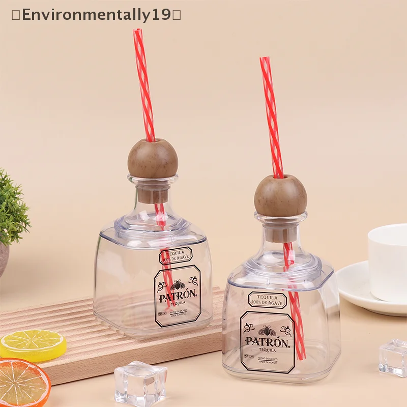 

375ml Mini Tequila Bottles Acrylic Reusable Cups With Straw Hole Small Patron Bottles Empty For Drinking