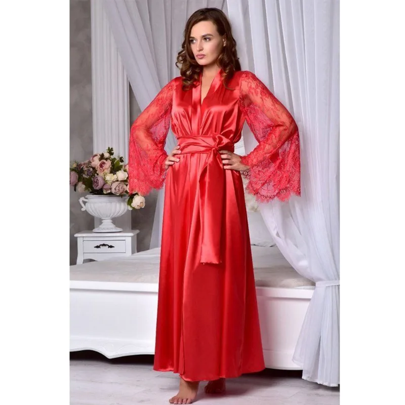 Everyday Women's Loungewear Smooth Satin Robe Sexy Pajamas Lady Loungewear Lace Sleeves Pajamas Waist Belt Plus Size Nightwear