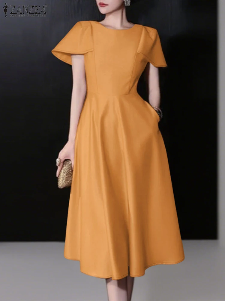 2025 zanzea elegante vestido de festa feminino verão trabalho ol vestidos escritório cetim vestido de verão elegante manga curta midi robe sólido