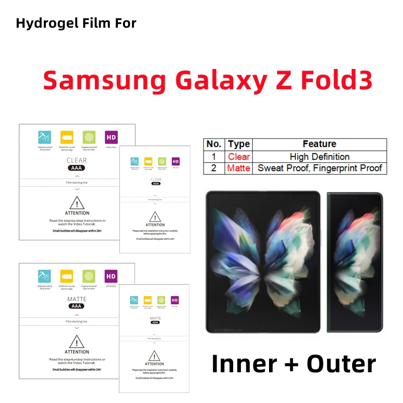 

Inner + Outer Matte Hydrogel Film For Samsung Galaxy Z Fold3 Clear Protective Film Folding Phone Galaxy Z Fold3 Screen Protector