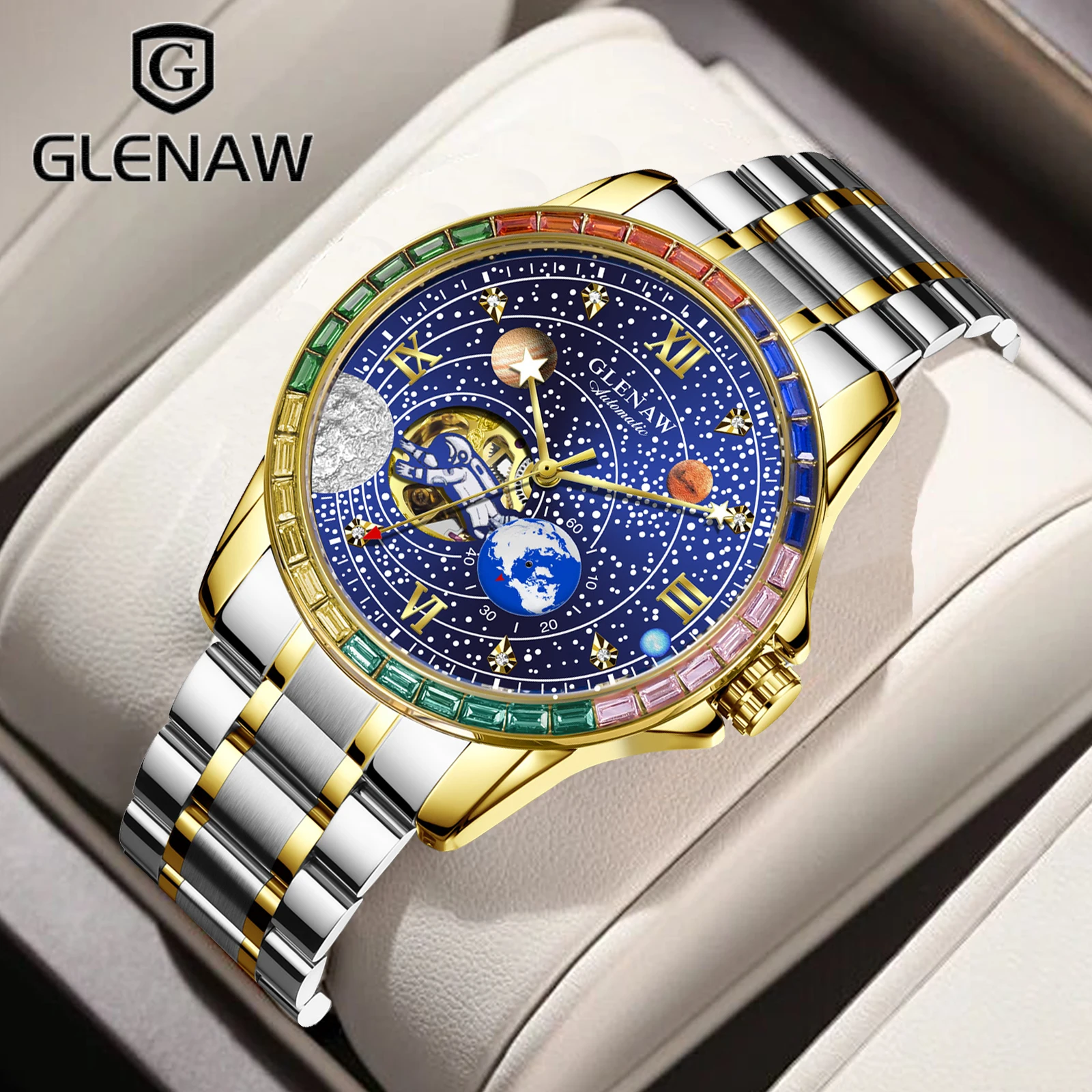 GLENAW Design New Rotating Earth Mechanical Watch Men Rainbow Circle Luxury Men Watch Luminous Waterproof Automatic Watch HOT