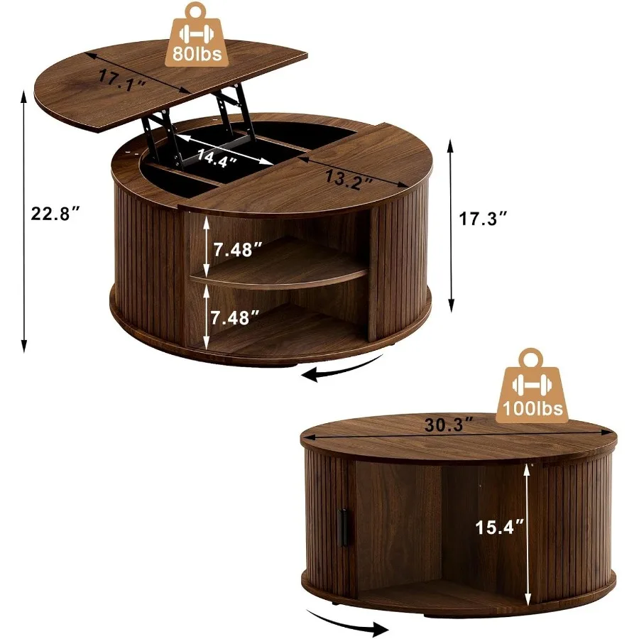 Round Lift Top Coffee Table with Fluted Sliding Door for living room, solid wood, walnut brown, hidden storage and smooth hydra