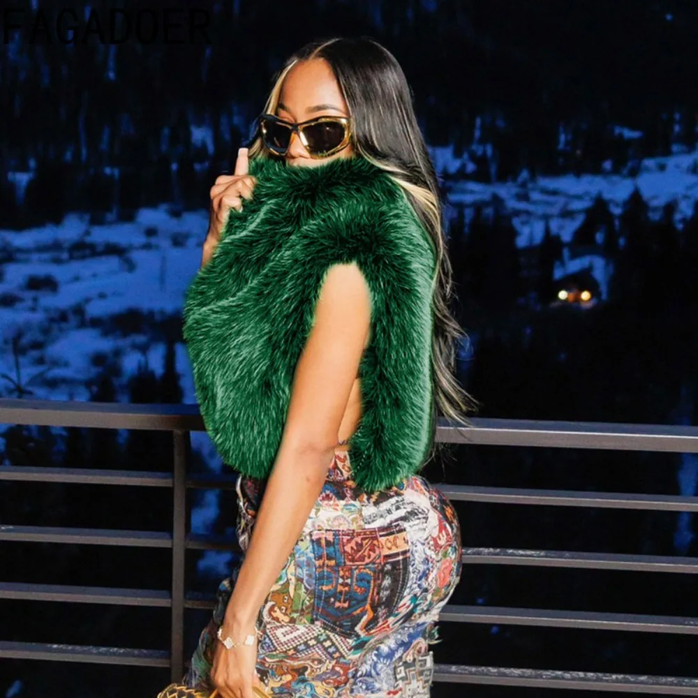 FAGADOER Winter Neue Mode Pelz Patchwork Bodycon Jacke Frau Grün High Neck Ärmel Crop Top Weibliche Streetwear Kleidung