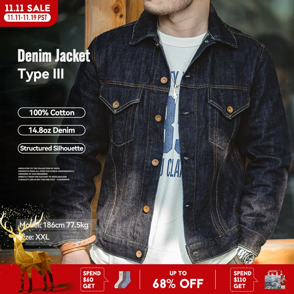 

Maden Vintage 14.8oz Washed Denim Type III Jacket Classic Solid Slim Fit Coat Cotton Denim Jacket for Men Spring and Autumn Tops