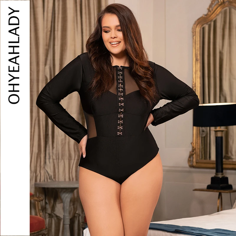 

Ohyeahlady Mesh Sheer Bodysuits Long Sleeve Slim Jumpsuit Lingerie Crotchless Lady Hook Buckles Teddy Black Oversized Streetwear