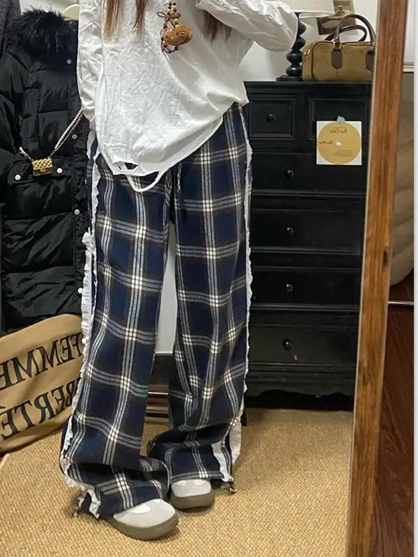 

Ретро-брюки в американском стиле с флисовой подкладкой, в клетку, широкие, повседневные, женские, осенне-зимние, свободные, прямого кроя, длинные брюки