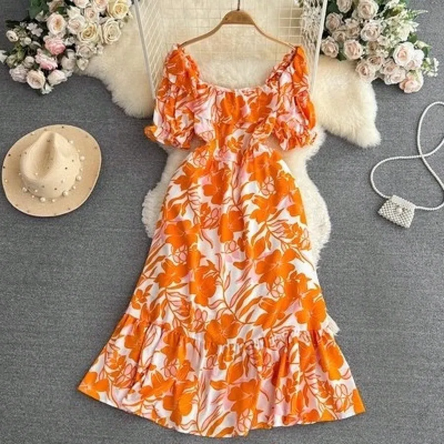 

Orange Floral Print Square Neck Ruffle Sleeve Midi Dress For Women