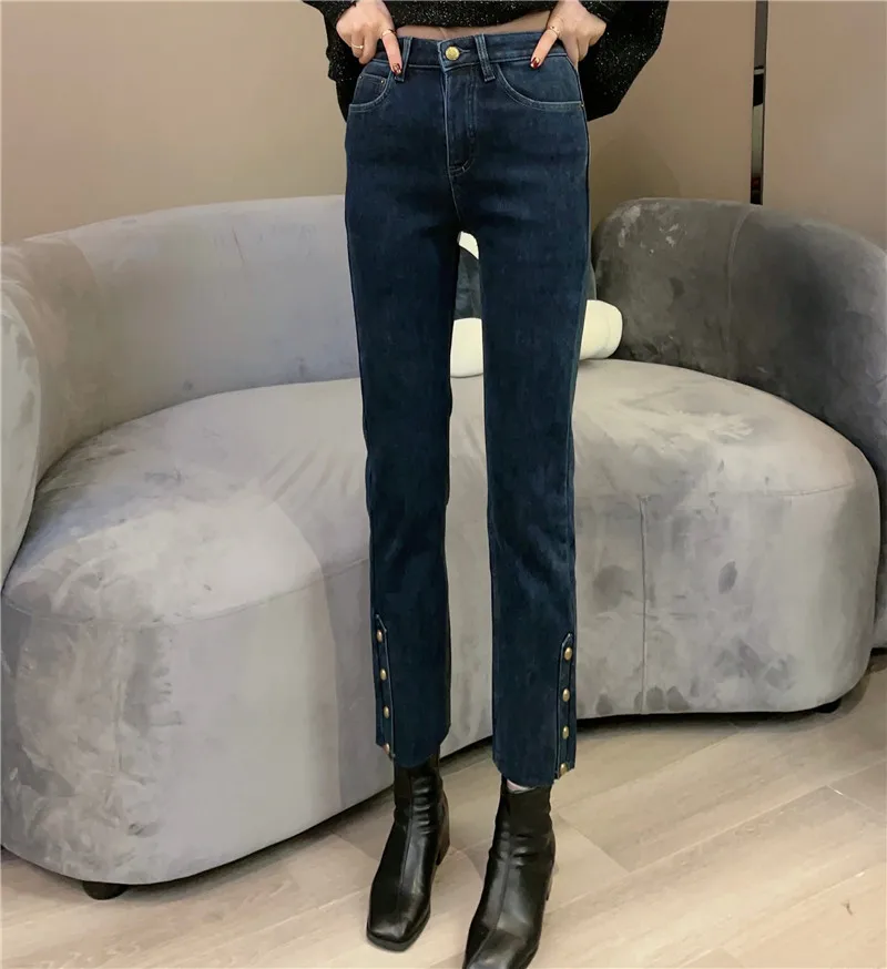 

Slim Straight Jeans High Waist Autumn Winter New Sle Women plus Size Pear ape Body Fit Cigarette Pants High Waist Nine Po...