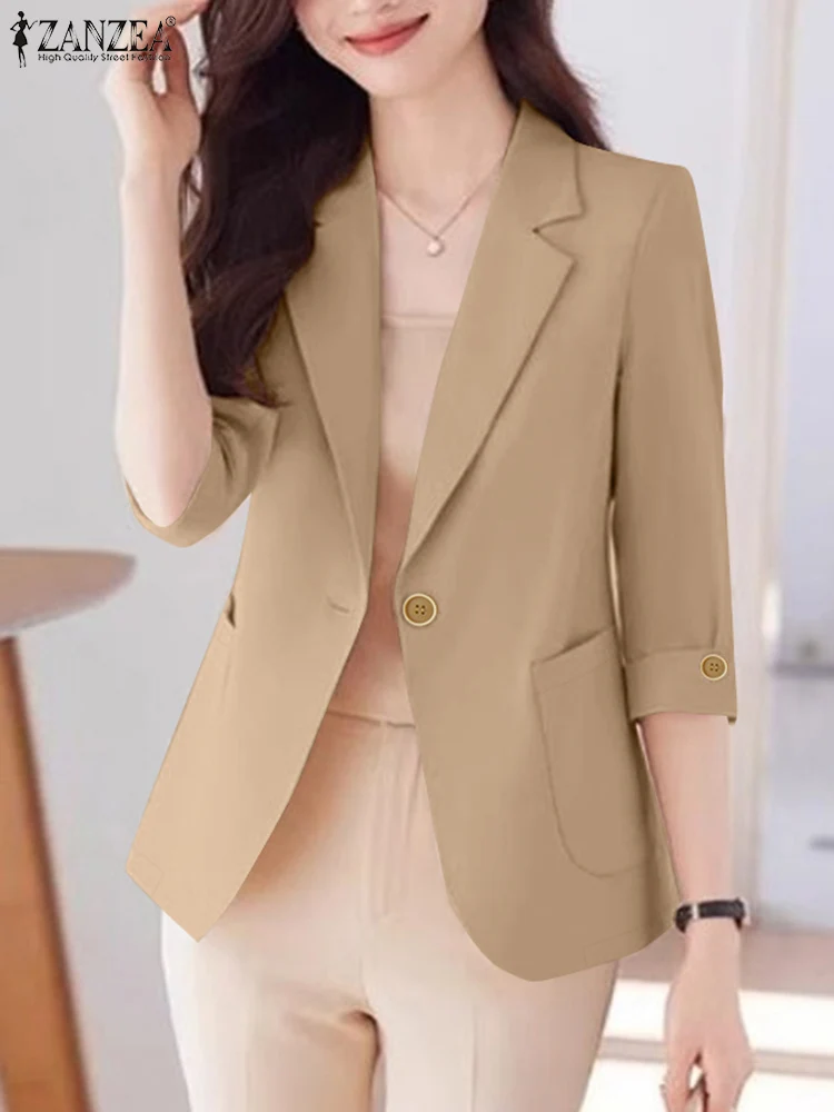 ZANZEA Elegante Zomer Vrouwen Blazer Officewear Suits Jassen Effen Dunne Tops Stijlvolle Revers Hals 3/4 Mouw Lente OL Werk Blazer