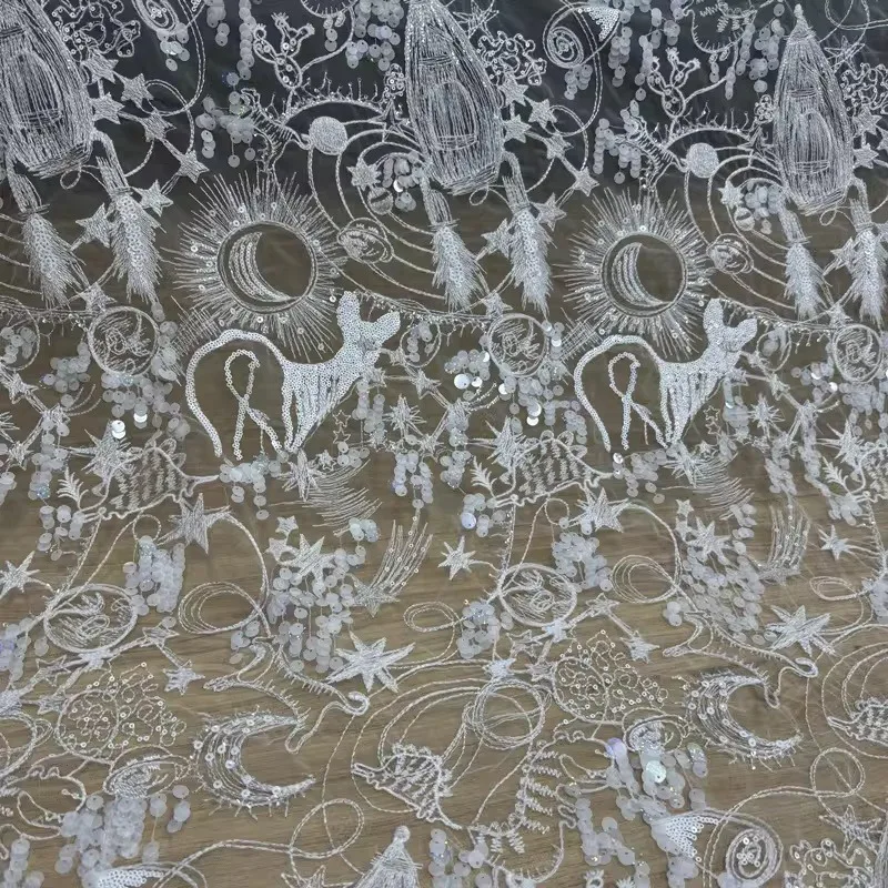 

New Exquisite Dreamy Nail Bead Lace Transparent Embroidery Fabric High-end Handmade Clothing Wedding Decoration Accessories