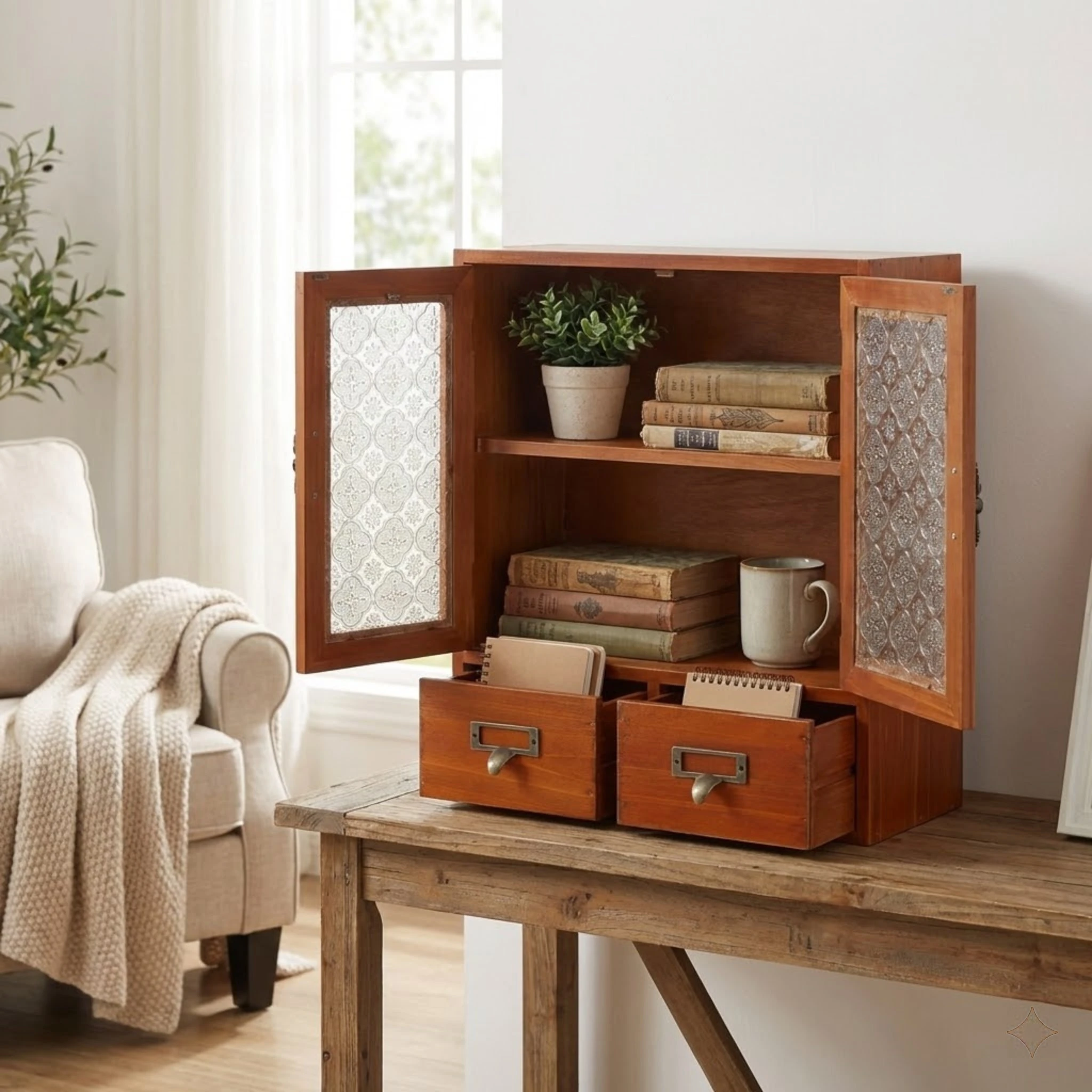 

Brown Wood Display Cabinet with Two Tier Shelves and Dual Drawers for Collectibles