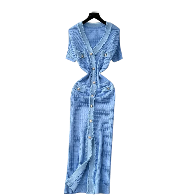 YuooMuoo Merk Mode Parel Knopen Gebreide Lange Jurk Lente Zomer Luxe V-hals Bodycon Trui Jurk Kantoor Dame Vestidos - afbeelding 2