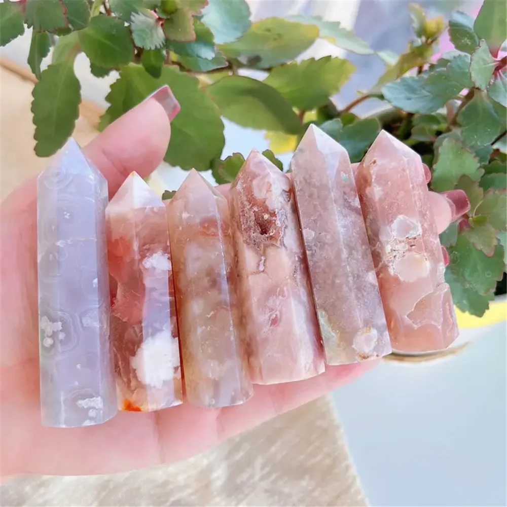 

1pc Sakura Agate Crystal Tower - Natural Rose Quartz Point For Energy Healing And Reiki Gift - Pink Gemstone For Home Decor