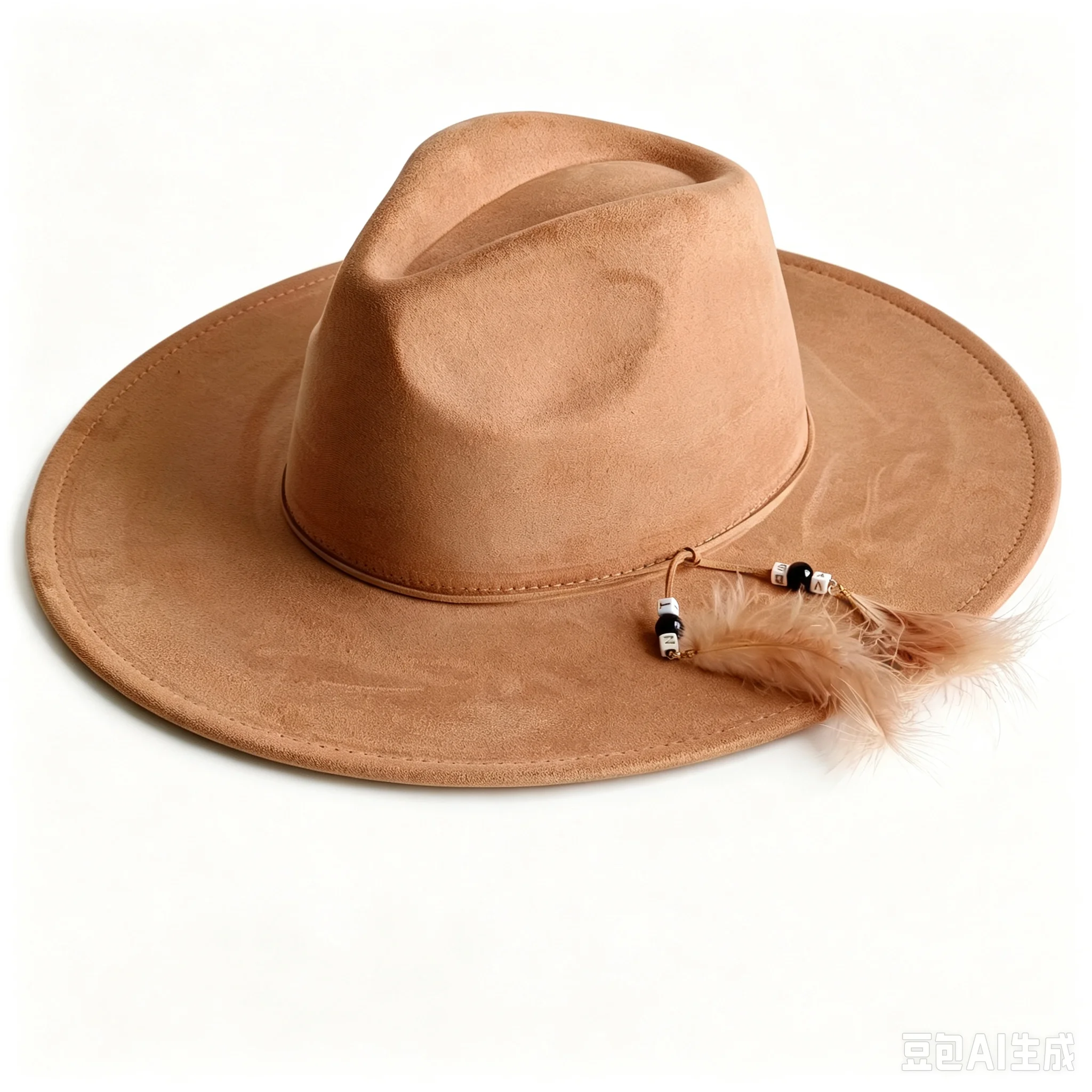 Sombrero de gamuza vegana color camel, accesorios de plumas, forma de lágrima, ala de 9.5cm, unisex, estilo jazz, para hombre