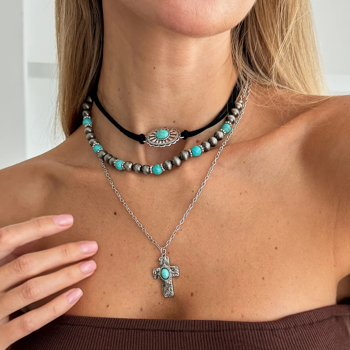 Pendant Necklace Faux Turquoise Cactus Bull Head Cowboy Layered Chain Adjustable Silver Tone Lightweight Sturdy Jewelry