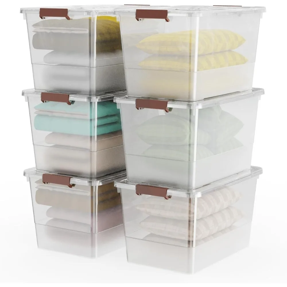 

53qt Clear Plastic Storage Bin with Lids and Latch Buckle, Tote Organizing Box Stackable and Nestable, Set of 6