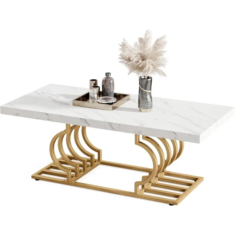 47 Inch Modern Coffee Table, Faux Marble Cocktail Center Table Accent Furniture for Living Room, White/Gold