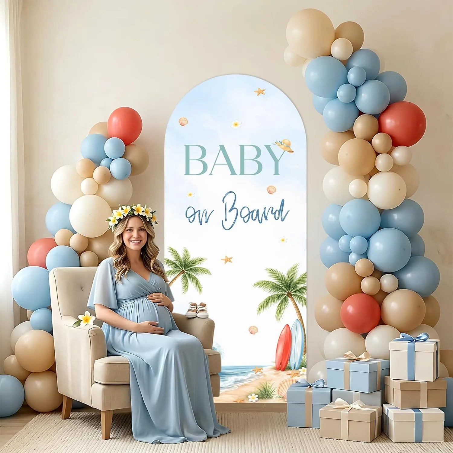 Fondo Personalizado de Doble Cara con Diseño de Bebé en Hawái, Playa Azul y Arco de Surf para Decoración de Fiestas de Cumpleaños Infantiles y Baby Shower