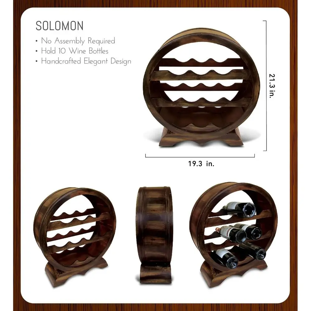 Standing Wooden Circle Wine Holder for 10 Bottles, Decorative Table Top Rack, Rustic Countertop Storage Organizer for Wine Bar &