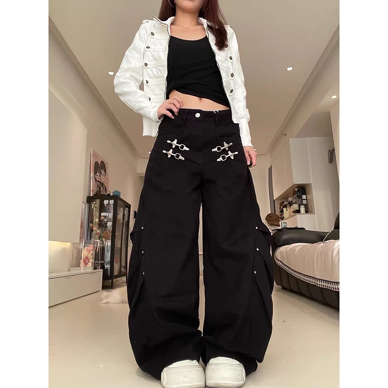 YIBASHU Women Black Jeans Y2k Oversize Scimitar Denim Pants American Vintage 2000s Grunge Baggy Rivet Denim Trousers Autumn 2026