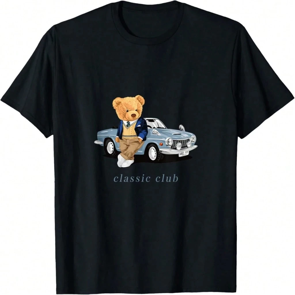 

Men T-Shirts Enjoy Cool Teddy Bear With Classic Car Graphic Designs Fun Simple Summer Unisex Graphic T Shirts men clothing