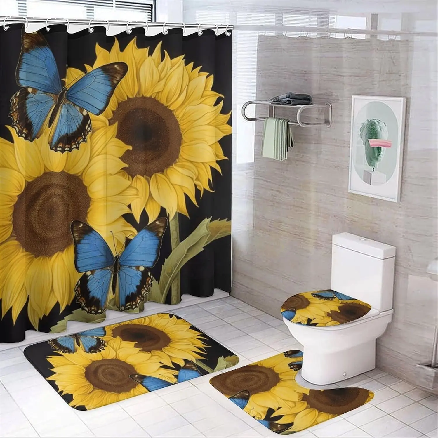 

Yellow Sunflowers with Blue Butterflies Shower Curtains Set 4 Piece with Non-Slip Rugs, Toilet Lid Cover and Bath Mat Soft Bathr