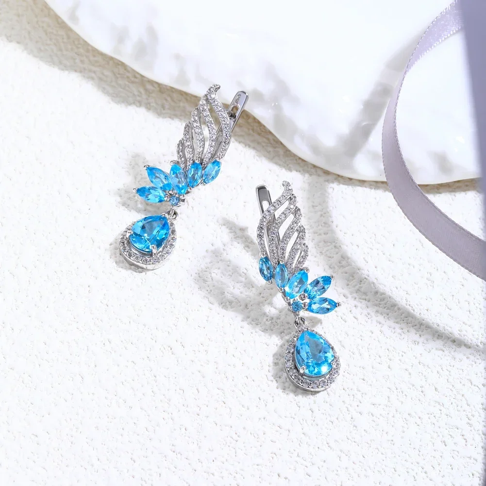 GZ ZONGFA Butterfly Earring Drop Earrings 100% Natural Swiss Blue Topaz 925 Sterling Silver Luxury Fine Jewelry for Women Party