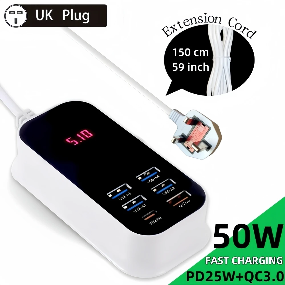 Real 50W UK Plug USB Type C PD QC3.0 Charger Phone Fast Charging LED Extension Cord Power Adapter Desktop Wal for iPhone Samsung