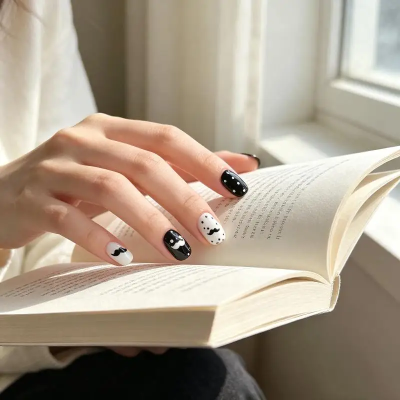 Short Square Fake Nail Art Tips 10/30Pcs Black White Contrasting Colors Comfortable for All Day Daily Wearing