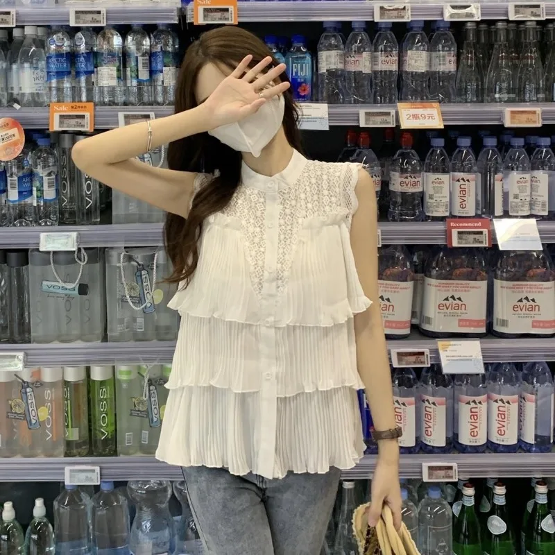 Y2k Ruffles Flying Sleeve Lace Blouses Sweet Ruched O-neck Vest Shirt Women 2026 Summer New Sleeveless Blusas Mujer