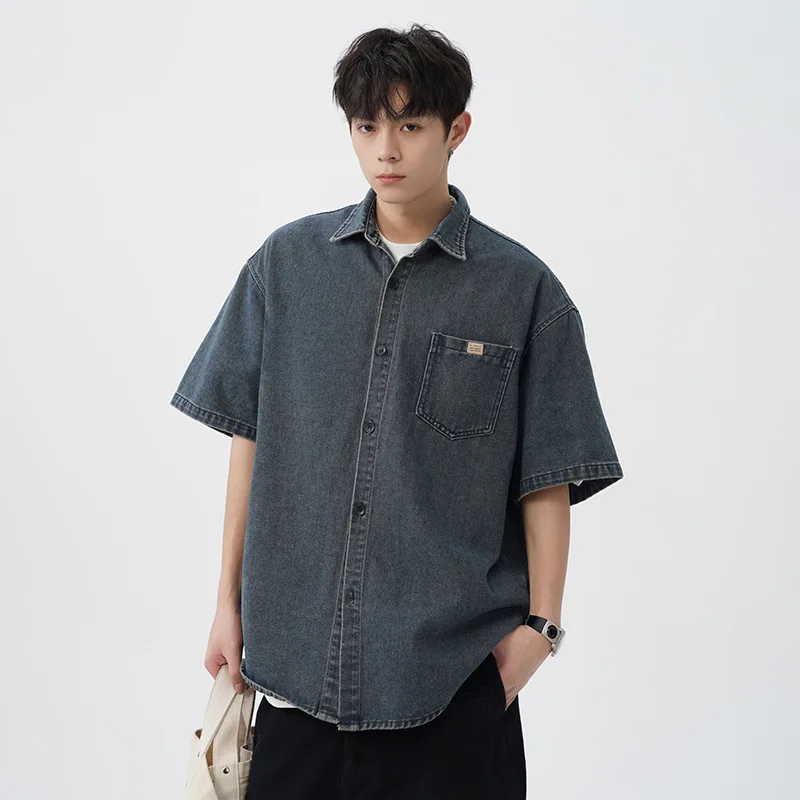Unisex Denim Shirts 2026 Summer Vintage Washed Denim Short Sleeve Shirt Loose Fit Distressed Casual Button Blouse Outerwear