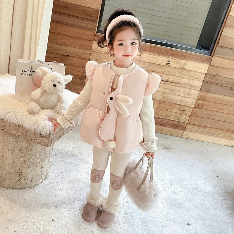 

Kawaii Girl Keep Warm Vest Sweater Tight Pants Set Student Autumn and Winter Casual Tops Pants 3-Piece Set Children's Clothing