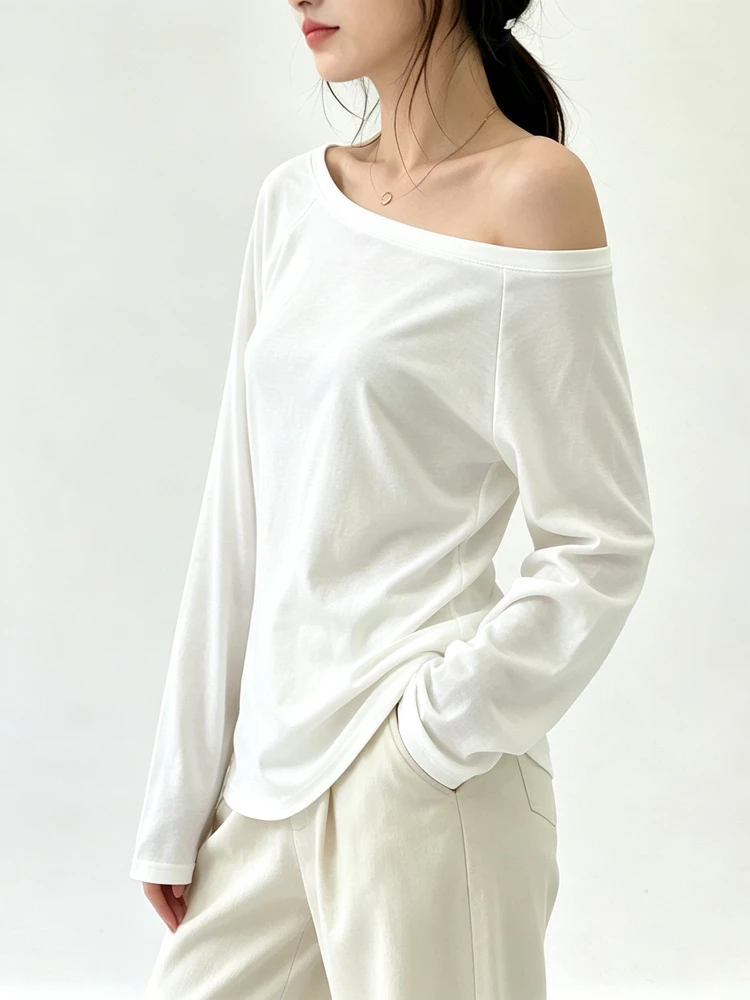 Womens Casual Off Shoulder Long Sleeve T Shirt Soft Stretchy Fabric Loose Fit Slant Neck Daily Basic All Match Blouse
