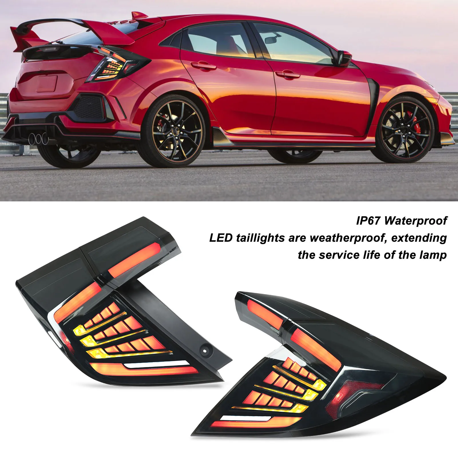 

For Honda Civic Hatchback FK Type R 2016‑2021 Pair Left+Right Full LED Dynamic Tail Light With Sequential Turn Signal