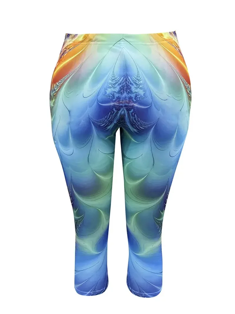 Abstract art printed casual pants for women elastic elastic waist tight leggings capri pants for women