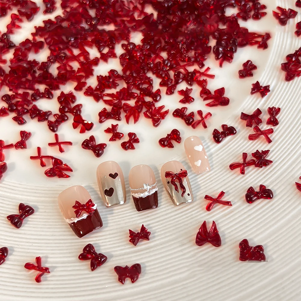 50pcs Autumn Winter Red Bow 3D Nail Charm Cute Resin Mix Shape Ribbon Bowknot Nail Art Rhinestone Bow tie Manicure Decoration