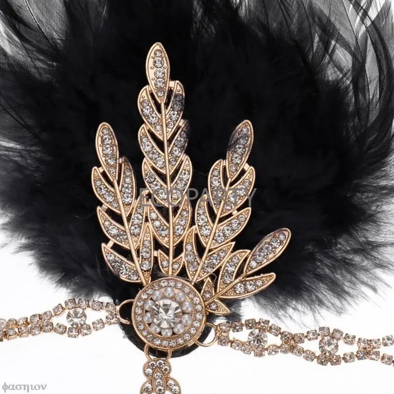 1920s Flapper fascia per capelli piuma copricapo ruggente 20s grande Gatsby ispirato foglia medaglione perla fascia accessori per capelli donna