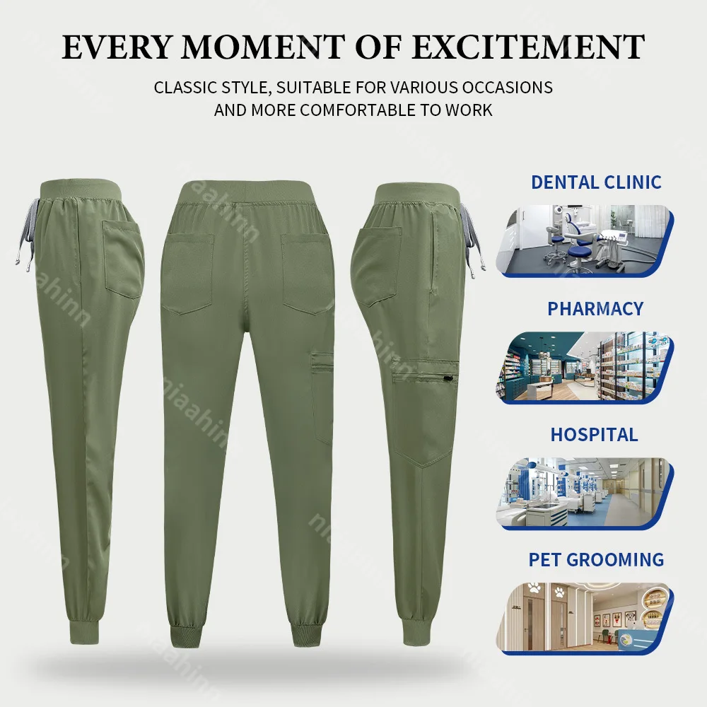 Medical Nursing Scrubs Suits Casual Doctor Nurse Surgical Uniforms Short Sleeved V-neck Tops Blouse Pocket with Zip Jogger Pants