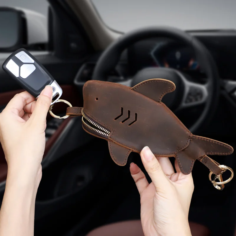 Creative Crazy Horse Leather Leather Keys Bag Portable Universal Shark Key Case Personalized Pocket Pendant Storage Pack