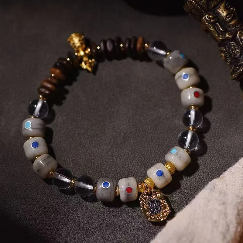 Backflow Bone Multi-Treasure Inlaid Bead Bracelet Single Circle Tibetan Style Glass Sandalwood Agate Accessories Bu